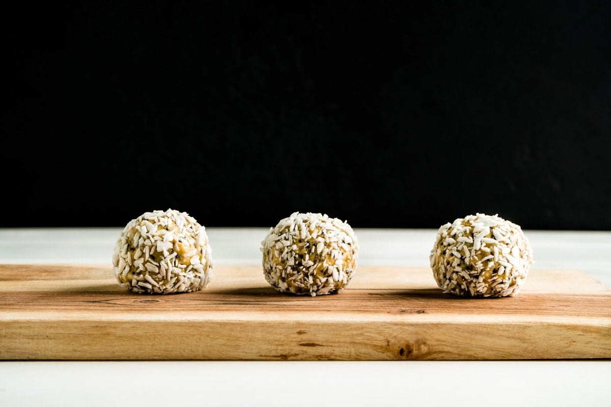 Close up of Vanilla Shakeology Power Ball with a bite taken out