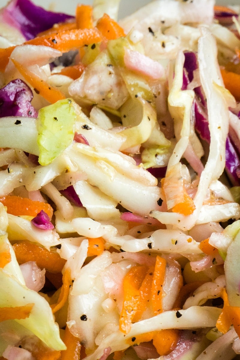 A close up of vinegar based coleslaw