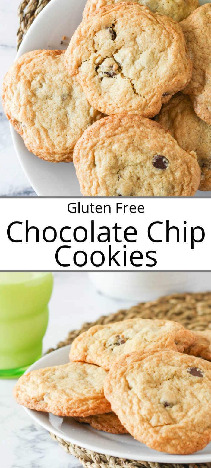 Pinterest pin showing piles of chocolate chip cookies on a white plate with a glass of milk in a green cup beside