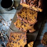A cutting board with sliced pumpkin bread.
