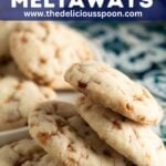 Pinterest pin showing a stack of skor cookies that has fall to the side.