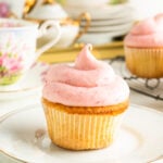 White Chocolate Vanilla Cupcakes made with Strawberry Buttercream frosting