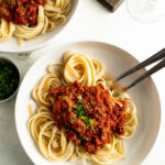 Overhead shot of tomato sauce in pot