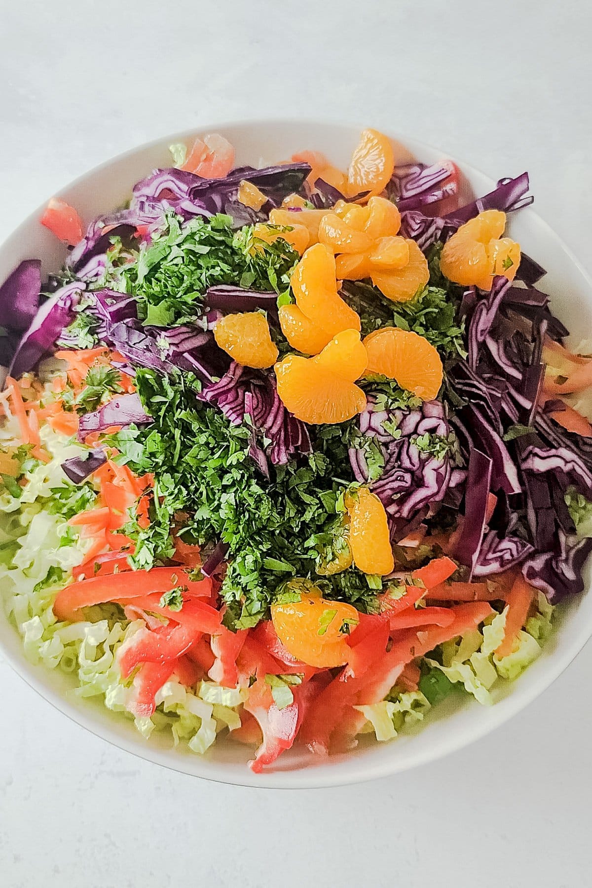 Chinese chicken salad in a large bowl with mandarin oranges.