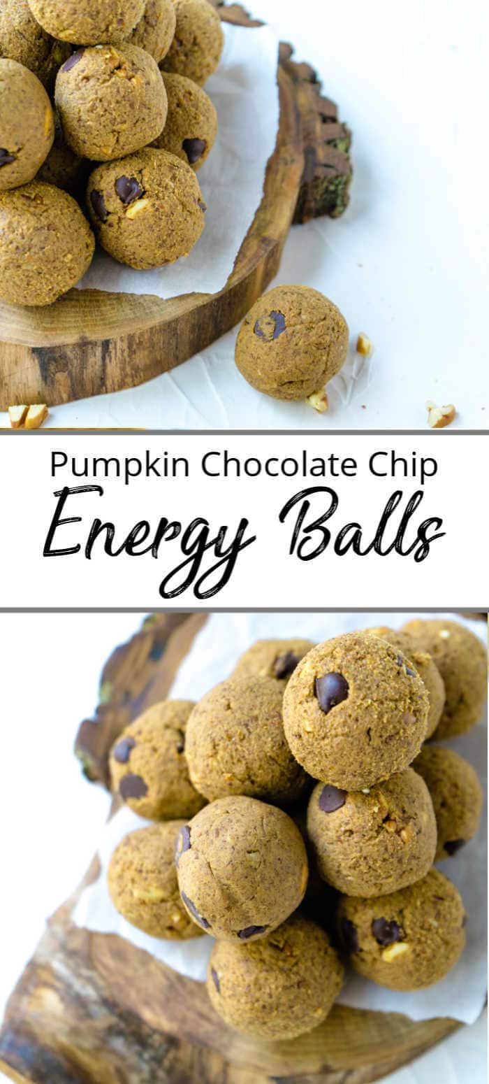 Pinterest pin showing piles of pumpkin energy balls with chocolate chips on rustic wood rounds