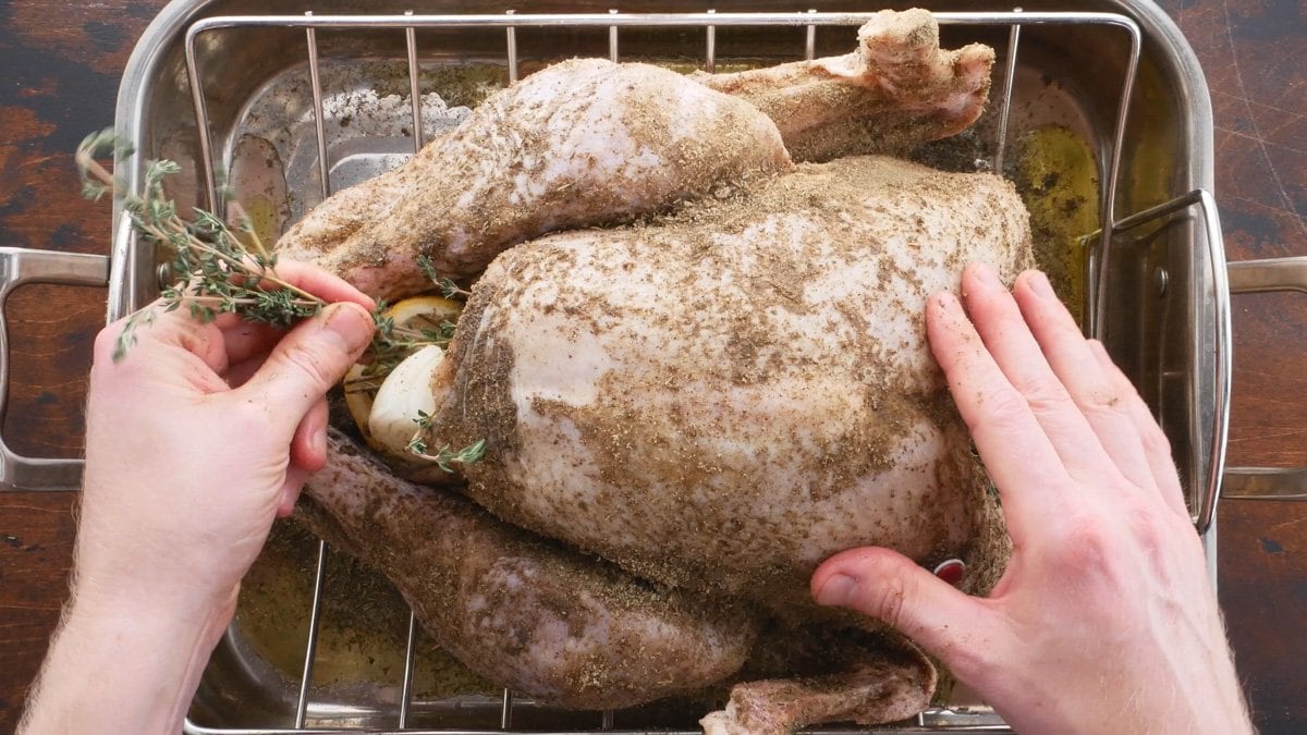 A Turkey being stuffed with onions.