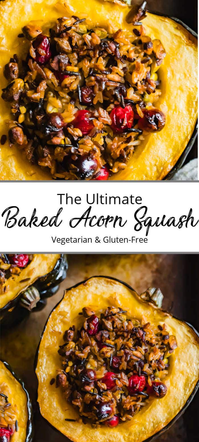 Pinterest pin showing roasted acorn squash on a baking sheet with cranberry and wild rice stuffing