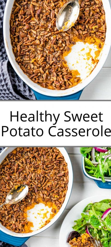 Pinterest pin showing pics of a sweet potato casserole in a blue and white casserole dish and a silver spoon