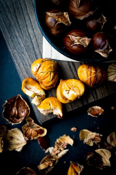 roasted chestnuts on a tray