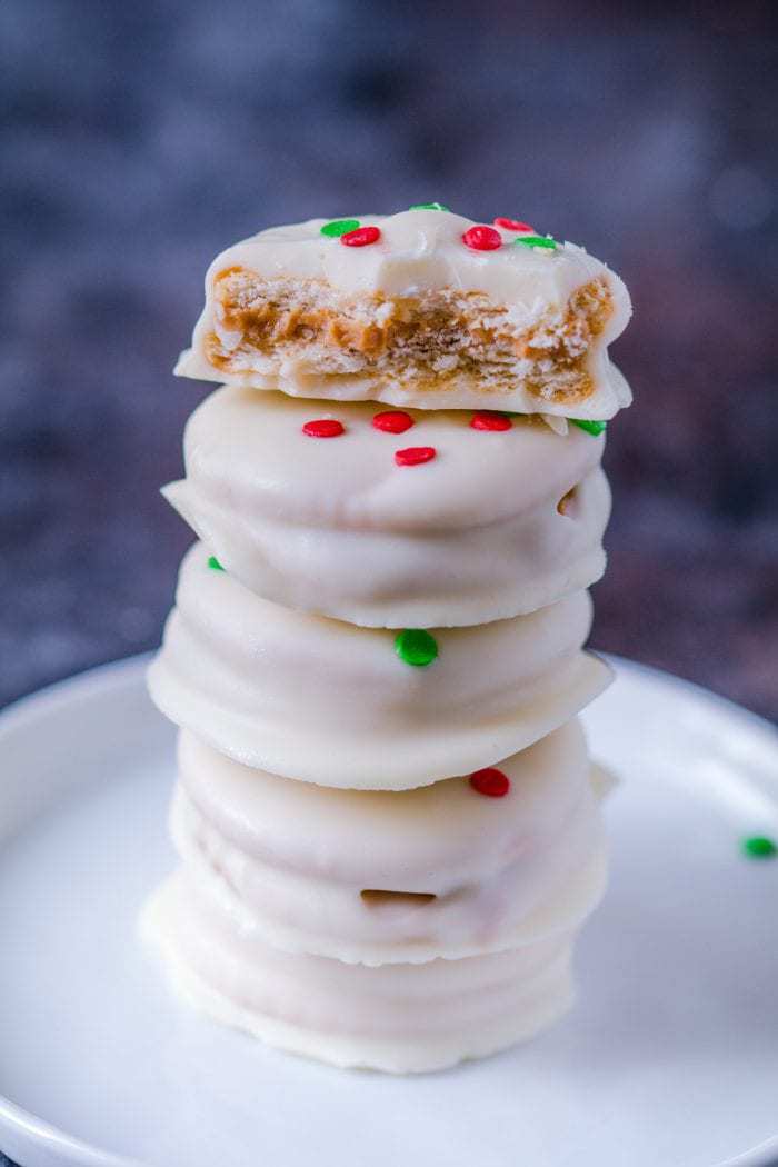 white chocolate covered cookies with an almond butter centre