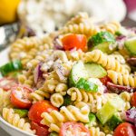 A bowl of Greek Pasta salad close up