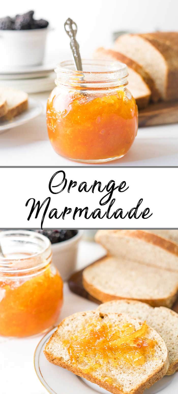 Pinterest pin s or showing a small jar of a marmalade recipe and a spoon as well as a breakfast spread with marmalade and toast