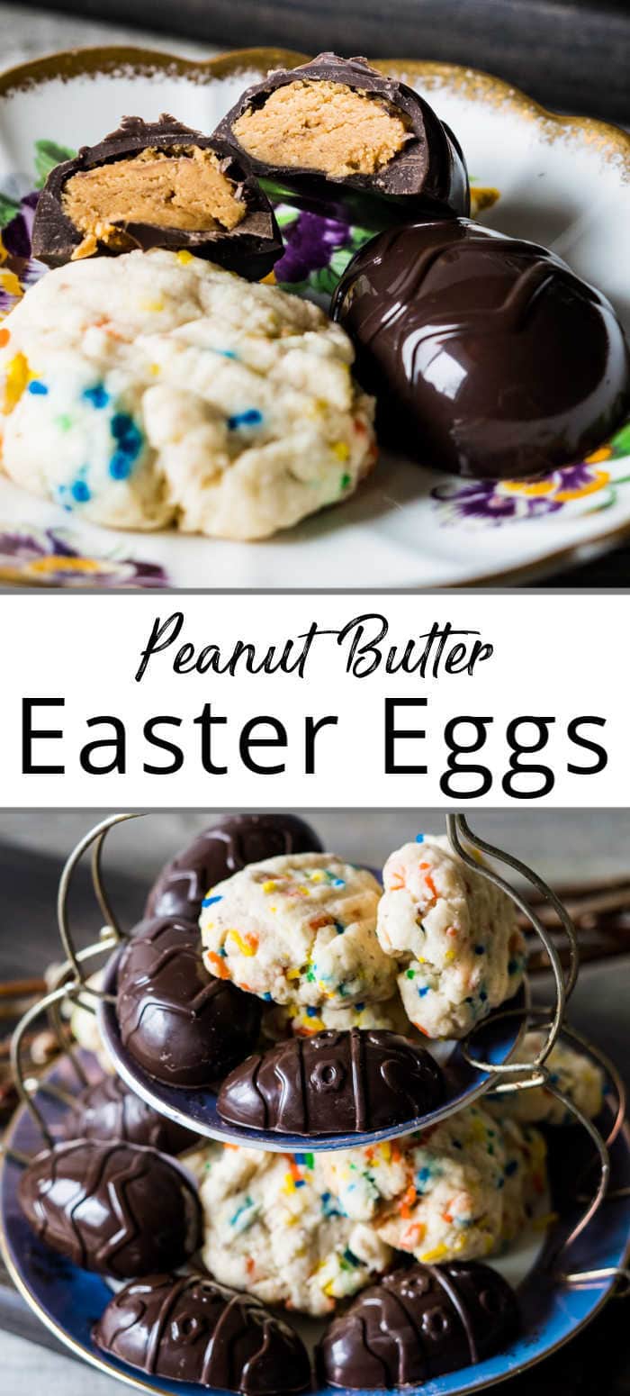 Pinterest pin for a peanut butter eggs recipe showing some close up and some cut in half revealing the peanut butter filling
