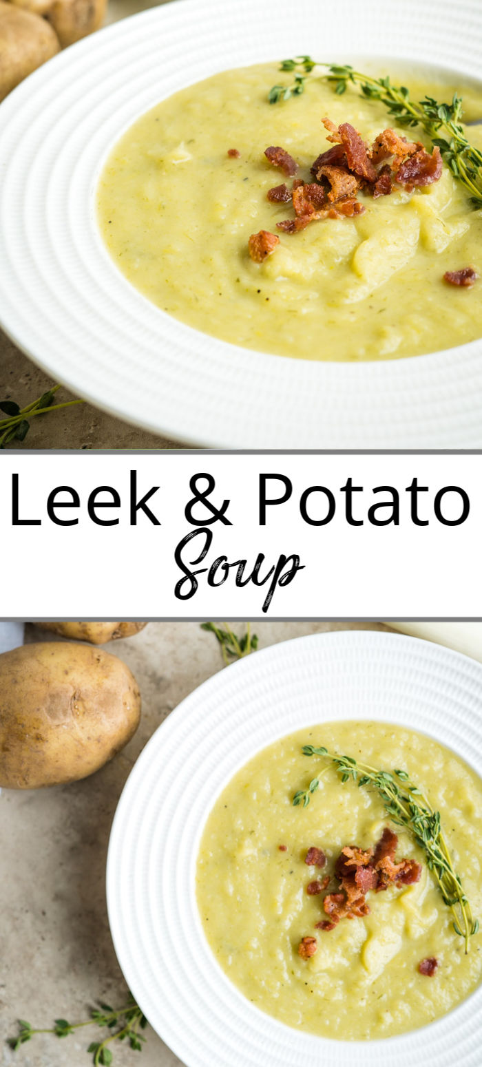 Pinterest pin showing bowls of a leek and potato soup recipe in white bowls