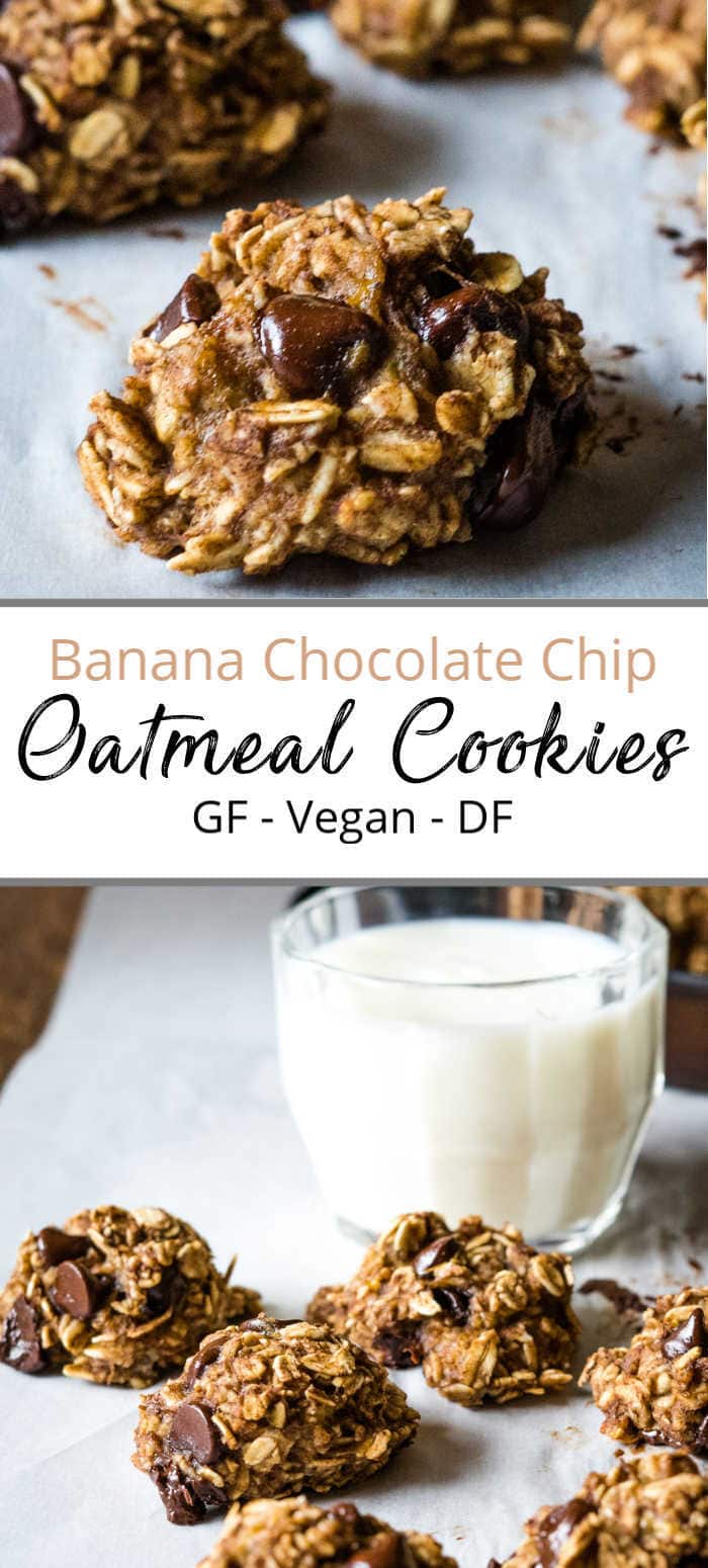 Pinterest pin of oatmeal chocolate chip cookies on parchment paper with a glass of milk