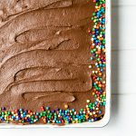 A chocolate sheet caked frosted with sprinkles on a white table