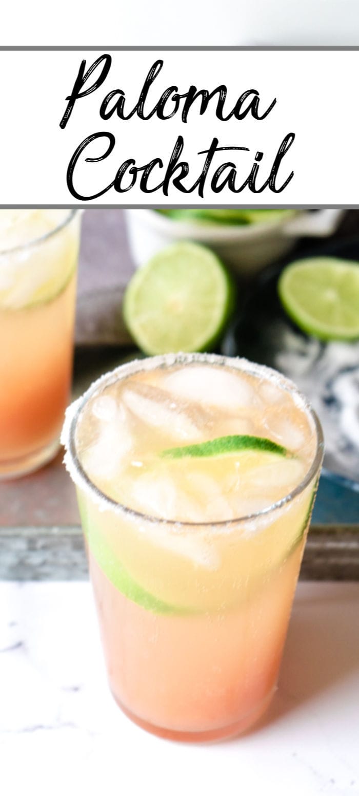 Pinterest pin showing a close up of a Paloma Cocktail with limes and a metal tray in the background