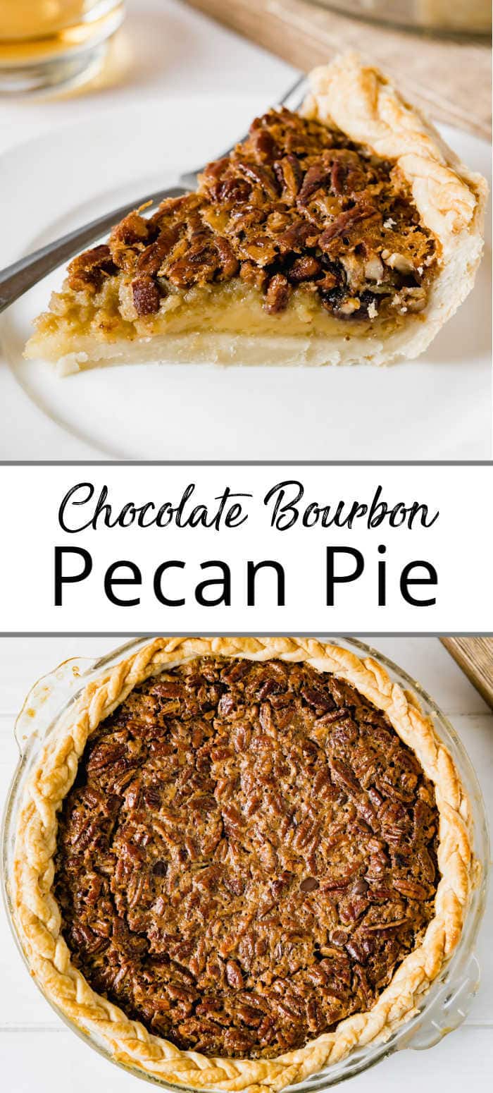 Pinterest pin of pecan pie on a white plate along with an overhead shot