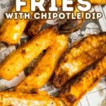 Pinterest pin showing turnip fries on newspaper.