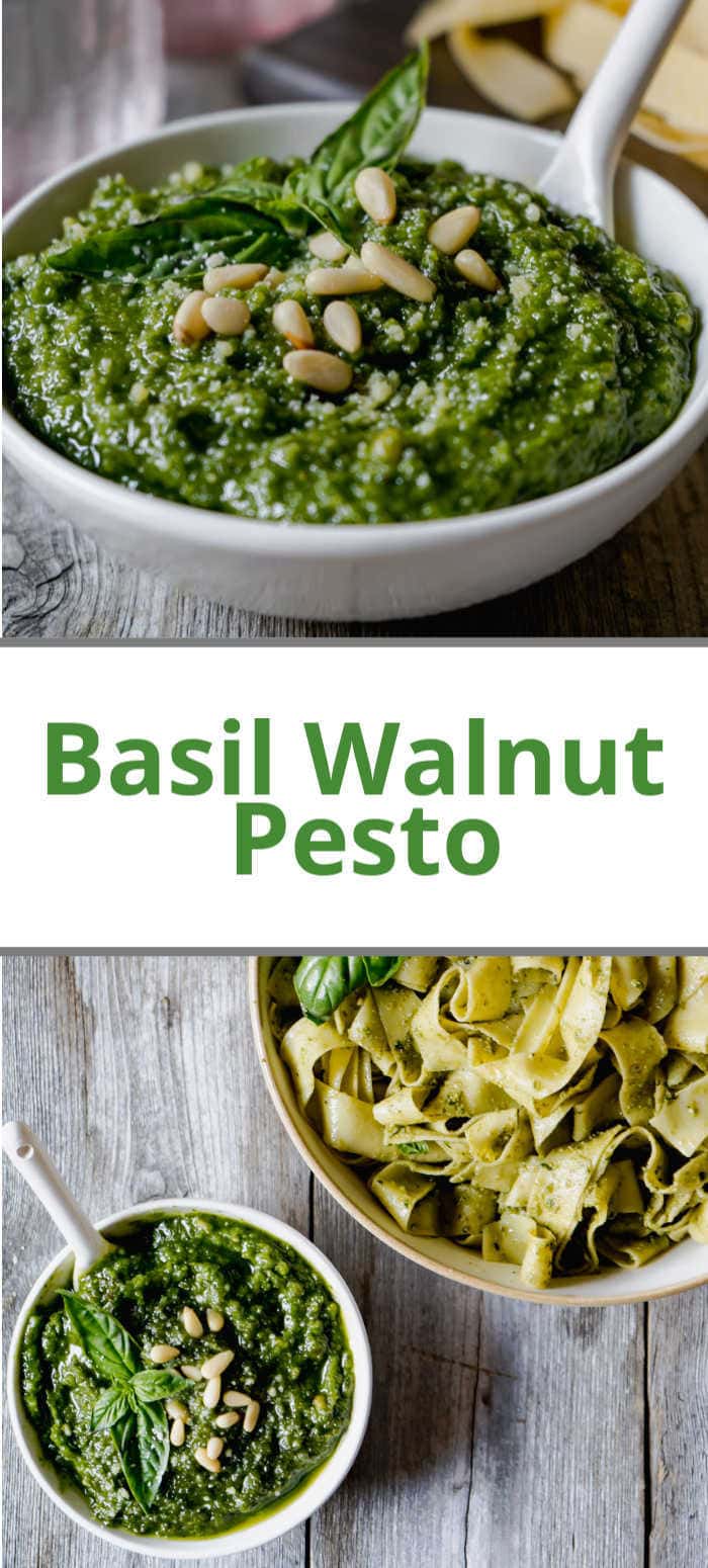 Pinterest pin showing a bowl of pasta dressed with pesto and more on the side in a bowl