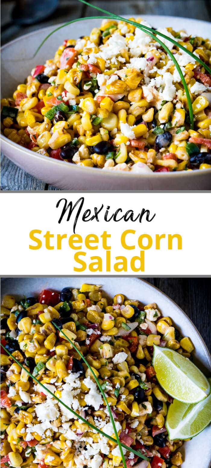 corn salad promo graphic featuring close up views of corn salad