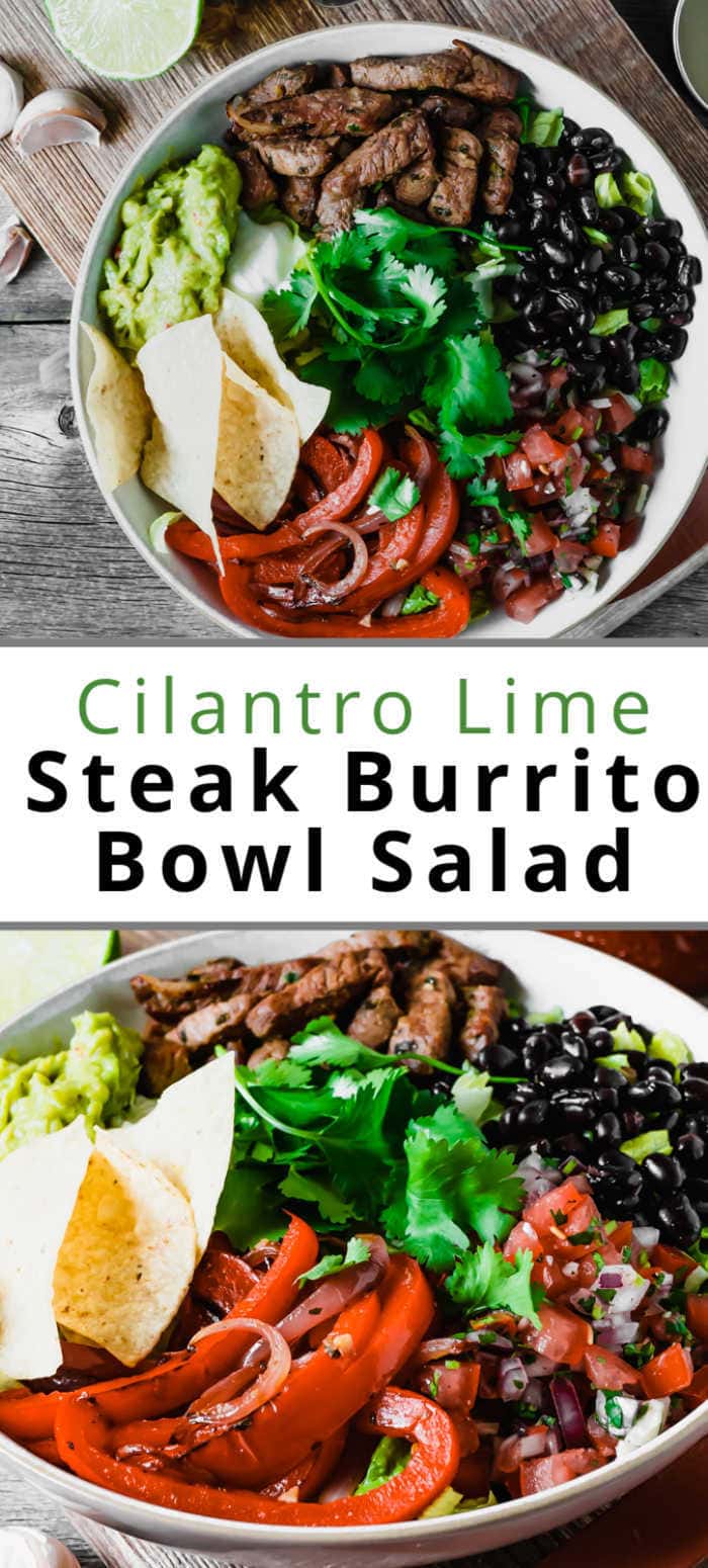 Pinterest pin showing two steak burrito bowl salads on grey wood table
