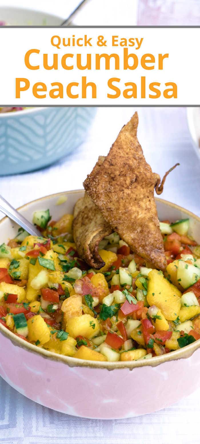 Pinterest pin showing salsa made with peaches and cinnamon pita chips