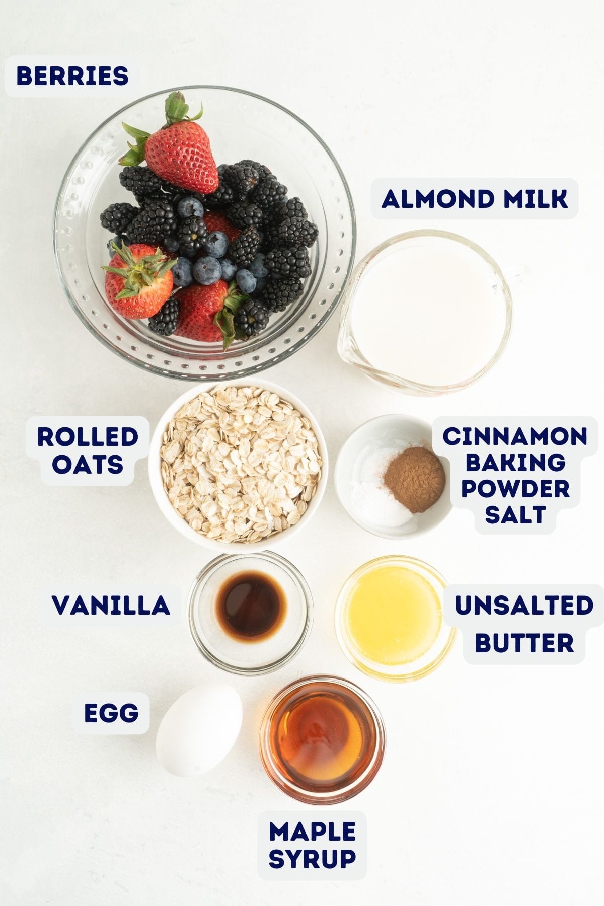 Ingredients for very berry baked oatmeal recipe.
