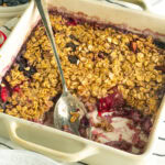 Baked oatmeal with fruit in a dish.