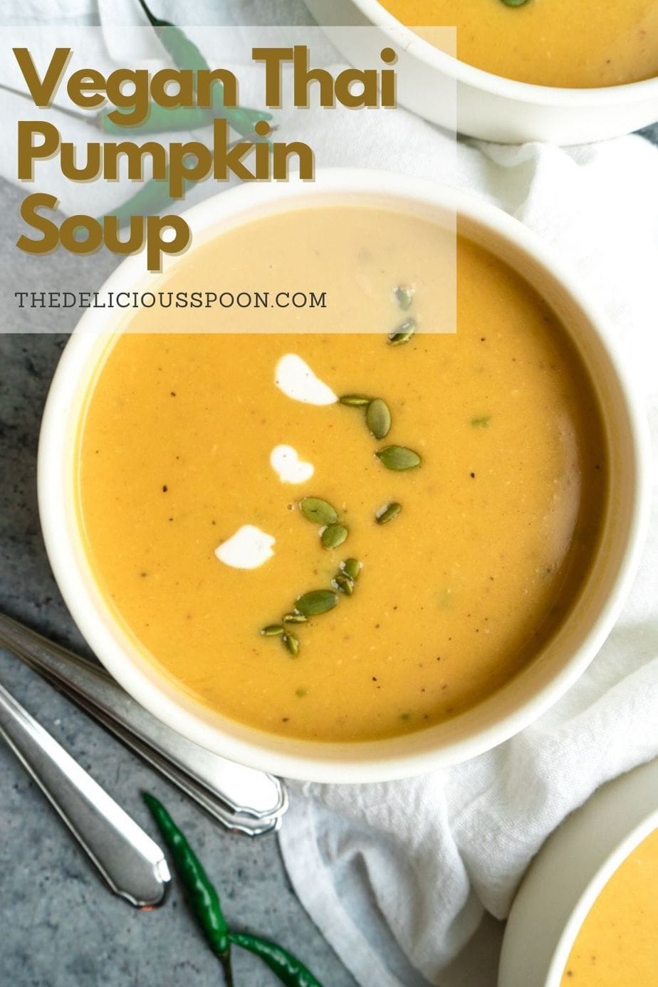A pinterest pin showing a large white bowl of pumpkin soup