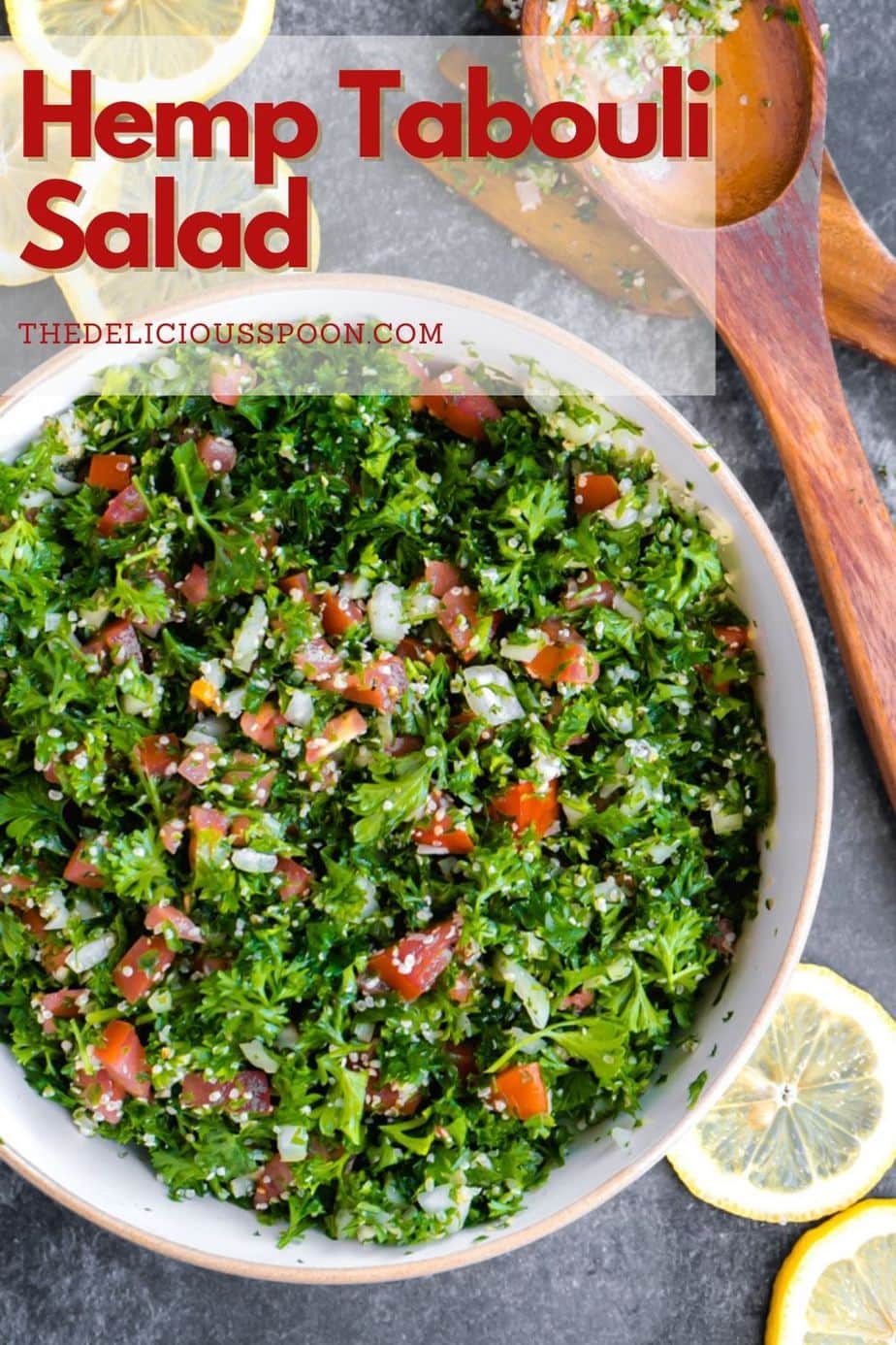 A pinterest pin showing a bowl filled with a tabouli salad