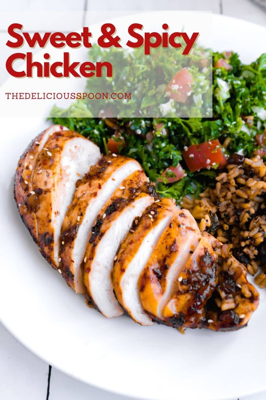 Pinterest pin for a sweet and spicy chicken recipe.