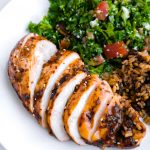 A sliced chicken breast with a pineapple marinade.