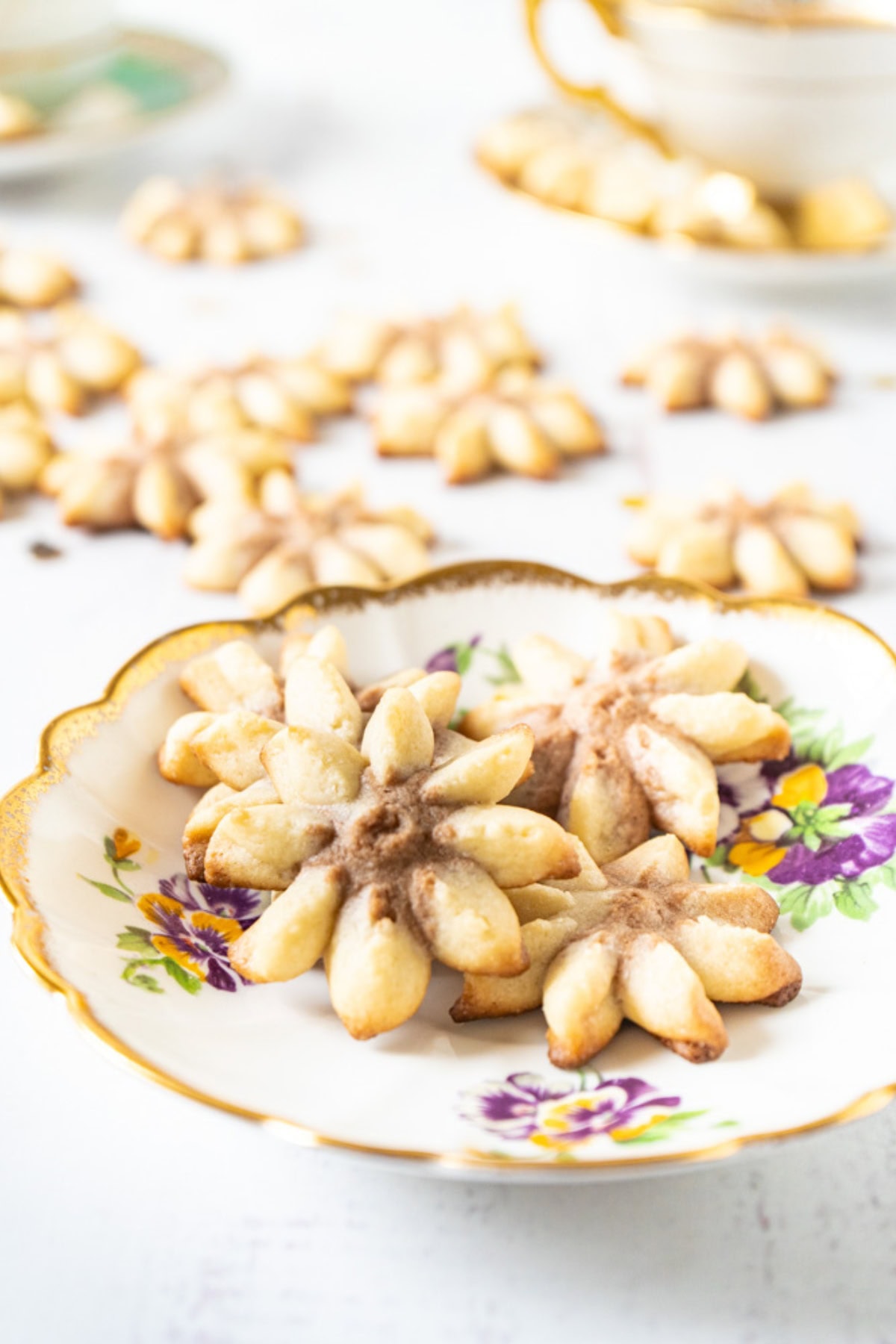 Chocolate Spritz cookies on a flowery plate.