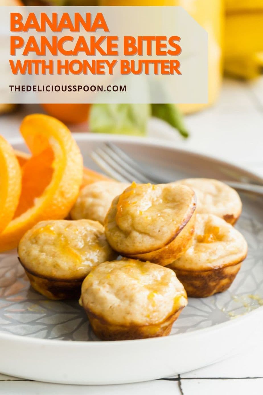 Mini pancake bites made with bananas and orange honey butter.