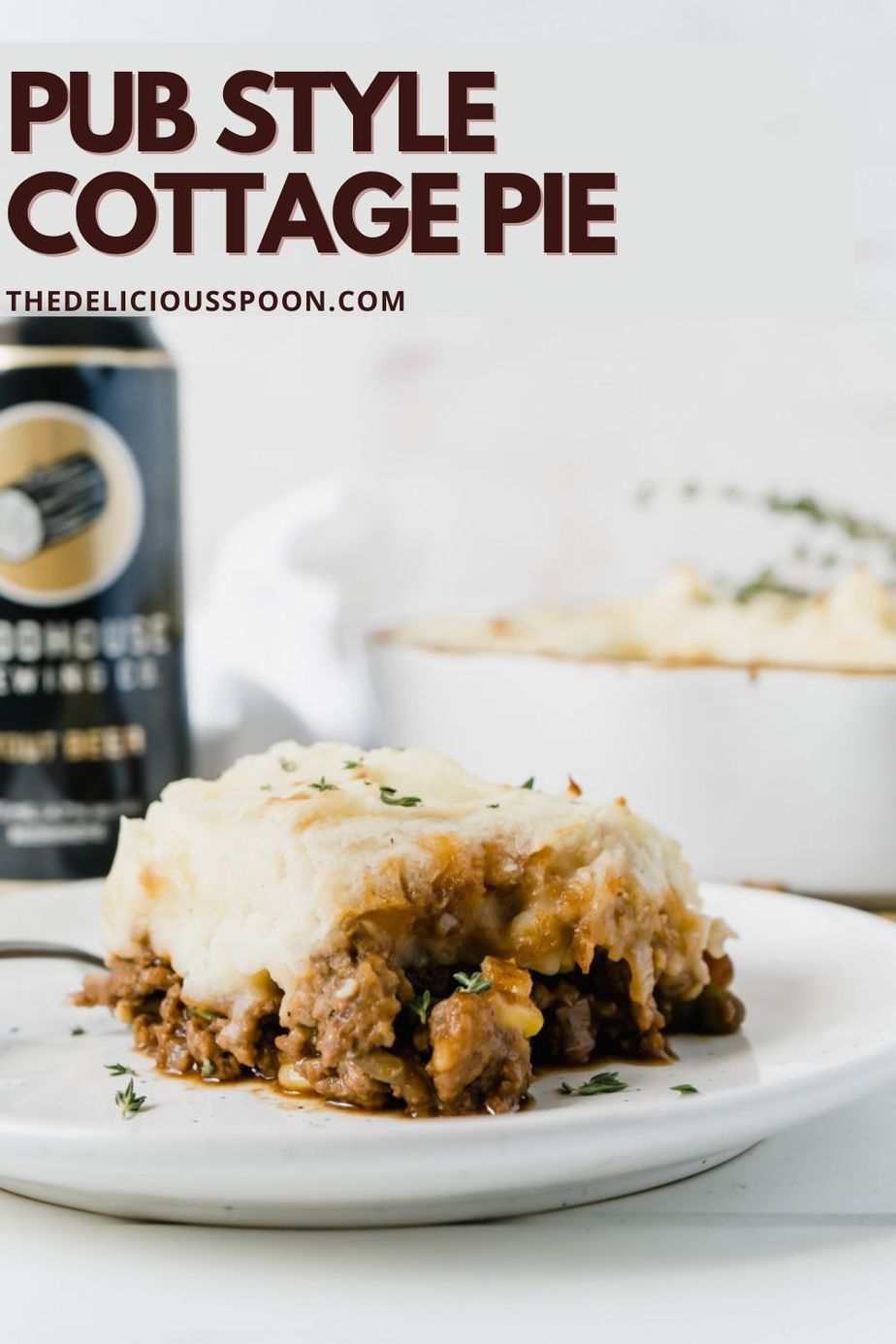 Pinterest pin showing a slice of cottage pie on a plate with a stout