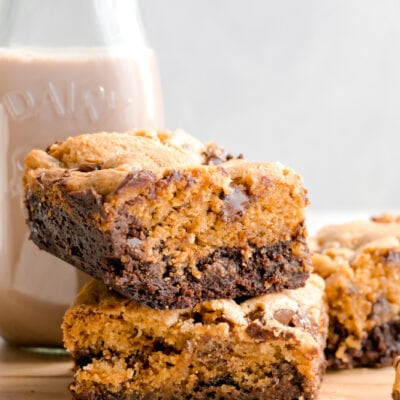 Salted Caramel Brookies on a wood serving tray.