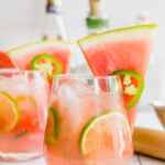 A watermelon cocktail on a table.