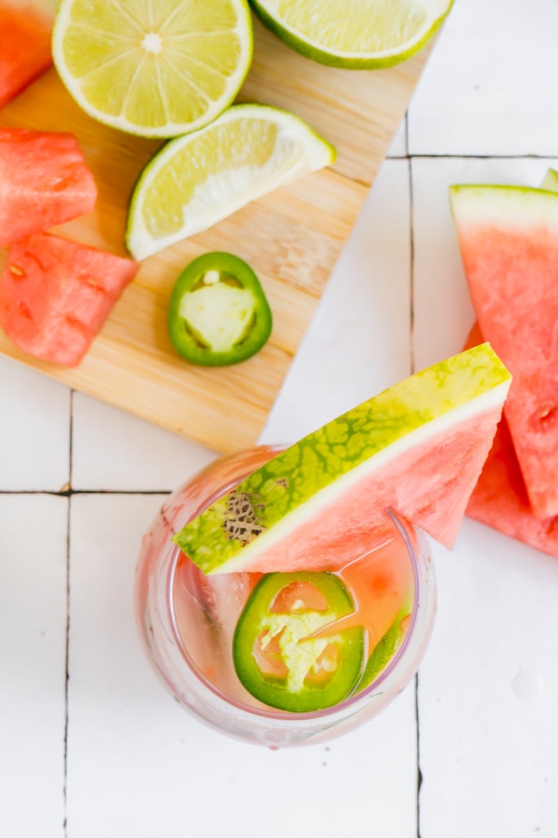 Overhead shot of a tequila cocktail made with watermelon