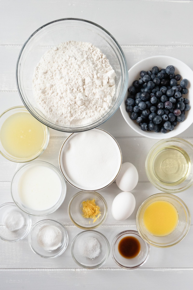Ingredients for gluten-free muffins made with lemon and blueberries