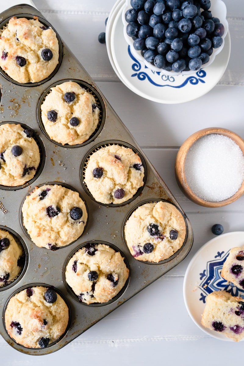 Baked blueberry muffins made with gluten-free flour.