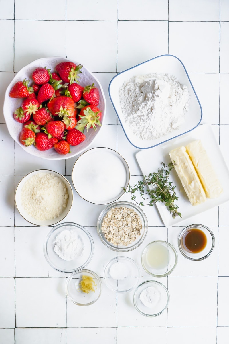 Ingredients for strawberry bars made with a crumble topping