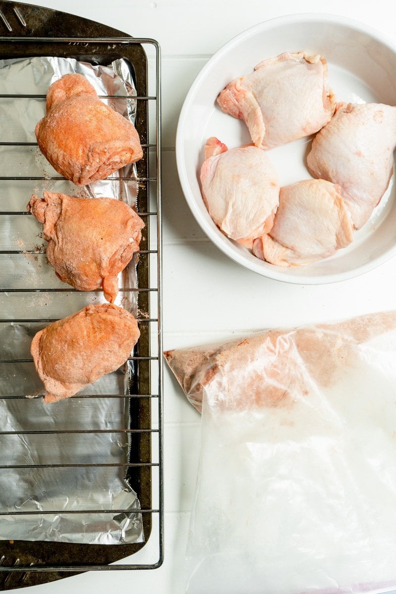 The Juiciest Crispy Chicken Thighs Made with baking powder.