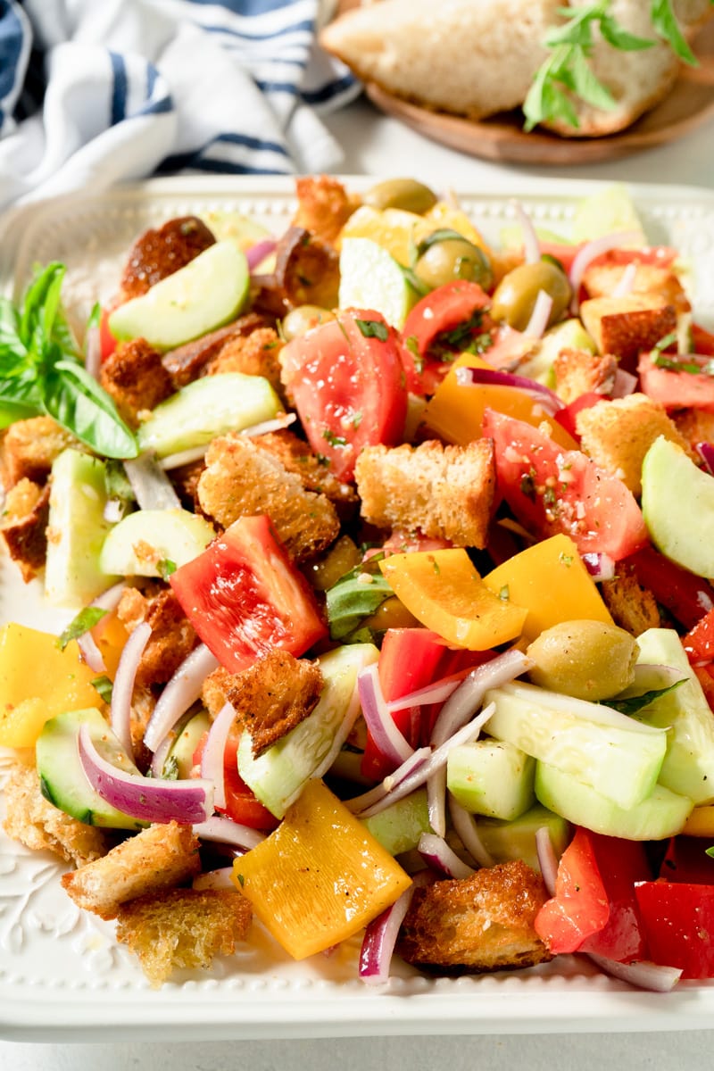 Panzanella Salad, zoomed in. Ready to serve. 