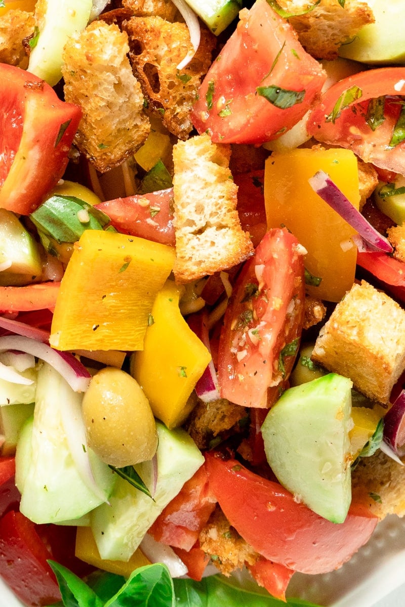 Close up of the simple Panzanella Salad. 