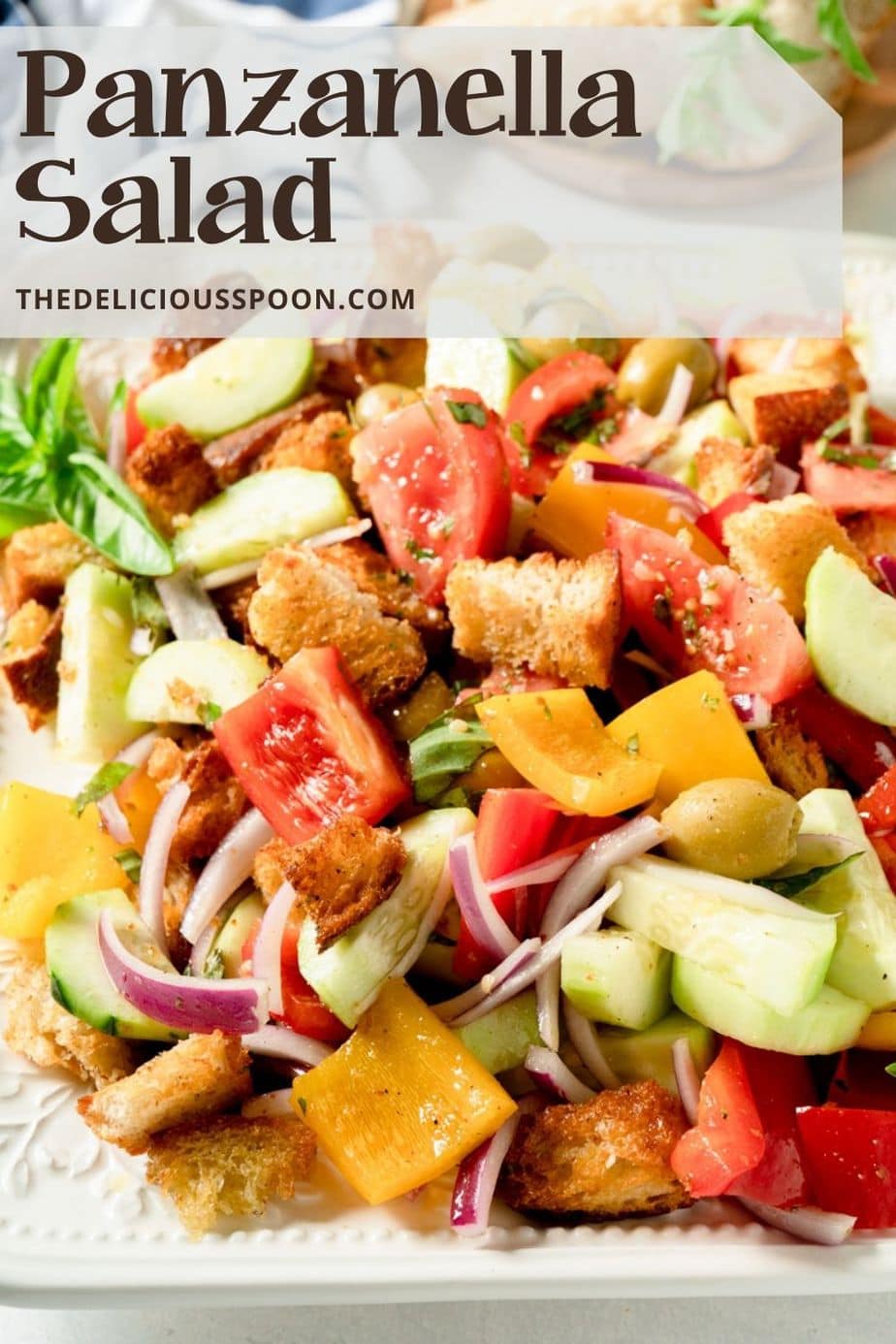 Pinterest pin showing a platter for a Panzanella Salad Recipe