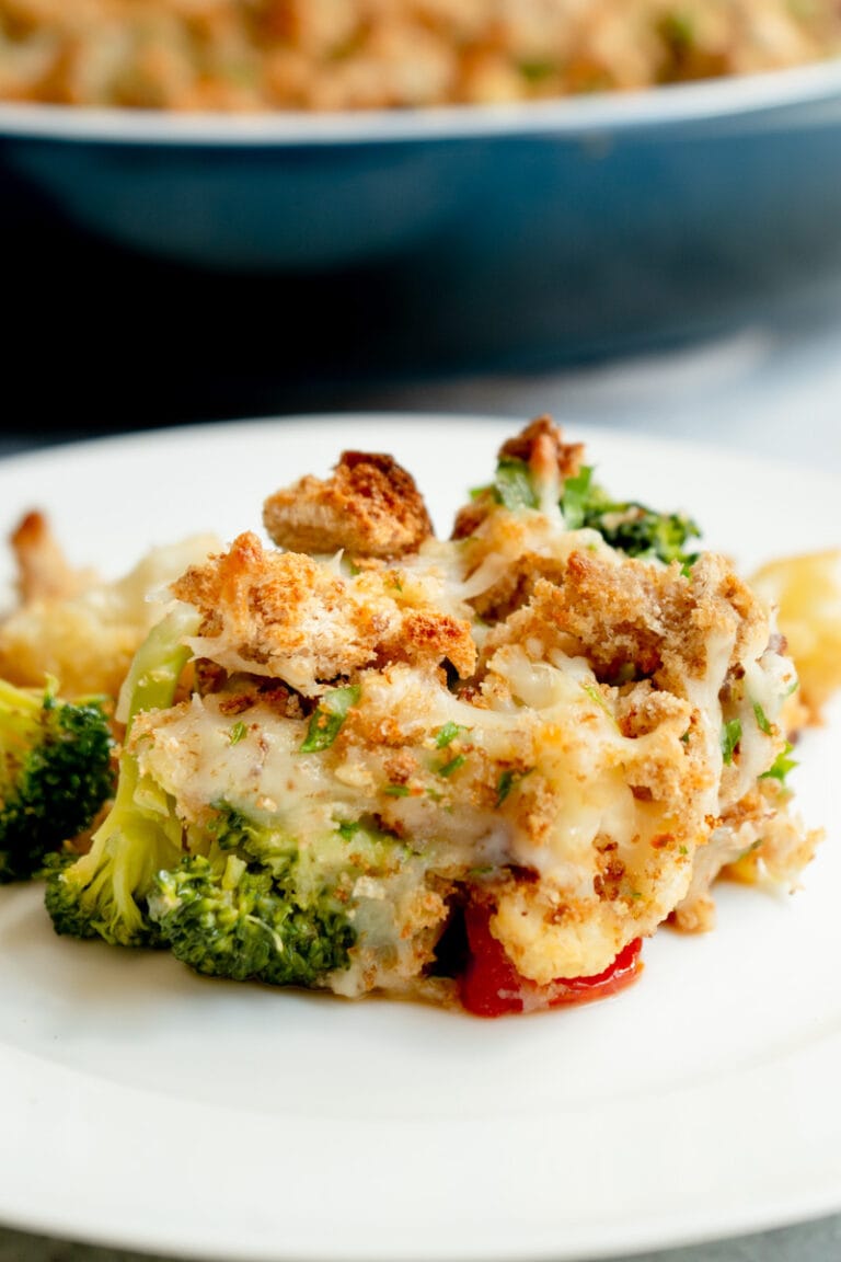 Broccoli and Cauliflower Bake topped with crusty bread and cheese!