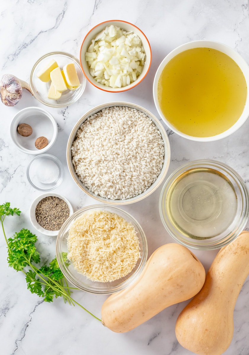 Ingredients for a basic risotto recipes made with butternut squash or pumpkin