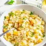 A bowl of vegetable risotto.