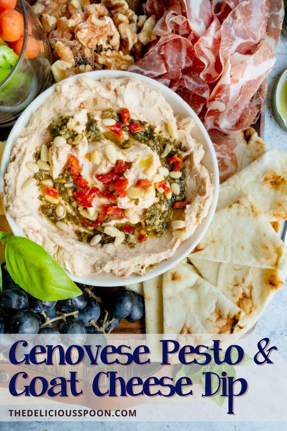 Pinterest pin featuring a pesto cream cheese dip recipe.